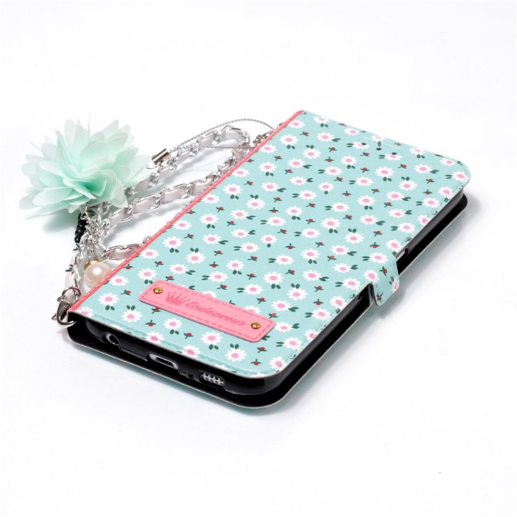 Flower Pattern PU Leather Shell + Metal Chain for Samsung Galaxy S9 SM-G960 - Fresh White Flowers-4