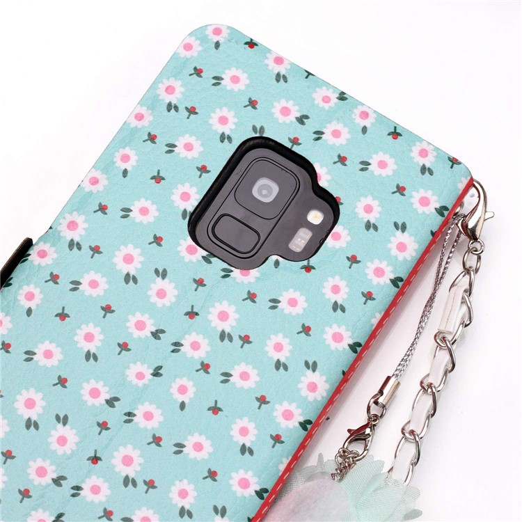 Flower Pattern PU Leather Shell + Metal Chain for Samsung Galaxy S9 SM-G960 - Fresh White Flowers-5