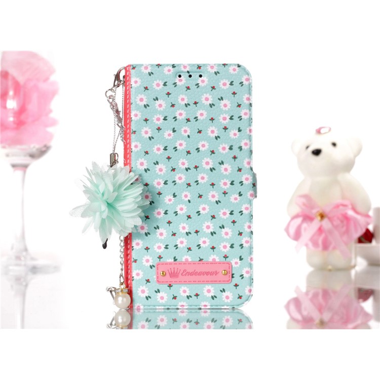Flower Pattern PU Leather Shell + Metal Chain for Samsung Galaxy S9 SM-G960 - Fresh White Flowers-6