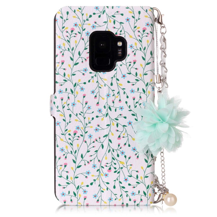 Flower Pattern Card Holder Leather Phone Case + Metal Chain for Samsung Galaxy S9 SM-G960 - Branches Pattern-2