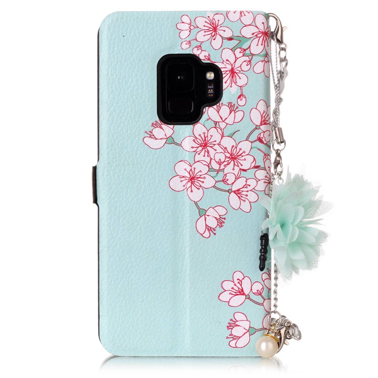 Flower Pattern Card Holder Leather Phone Cover + Metal Chain for Samsung Galaxy S9 SM-G960 - Peach Blossom-2