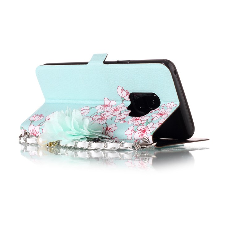 Flower Pattern Card Holder Leather Phone Cover + Metal Chain for Samsung Galaxy S9 SM-G960 - Peach Blossom-3