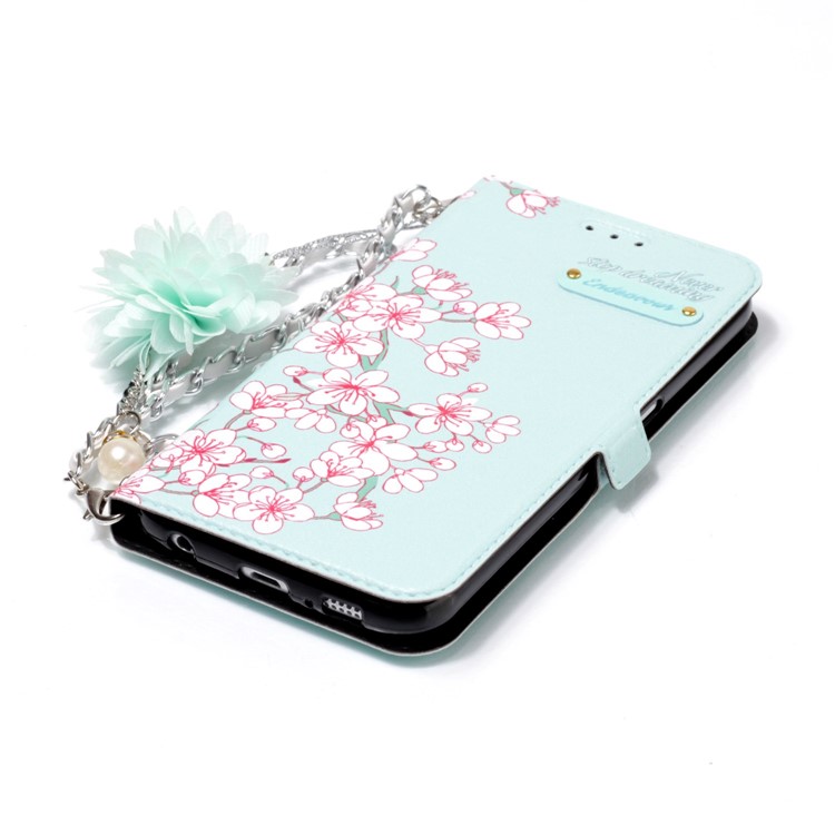 Flower Pattern Card Holder Leather Phone Cover + Metal Chain for Samsung Galaxy S9 SM-G960 - Peach Blossom-4