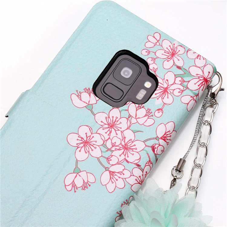 Flower Pattern Card Holder Leather Phone Cover + Metal Chain for Samsung Galaxy S9 SM-G960 - Peach Blossom-5