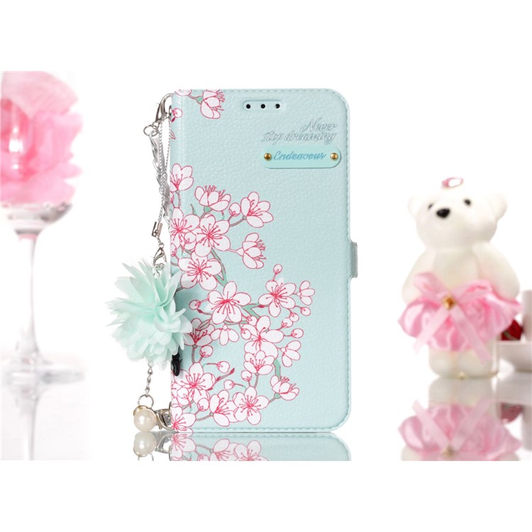 Flower Pattern Card Holder Leather Phone Cover + Metal Chain for Samsung Galaxy S9 SM-G960 - Peach Blossom-6