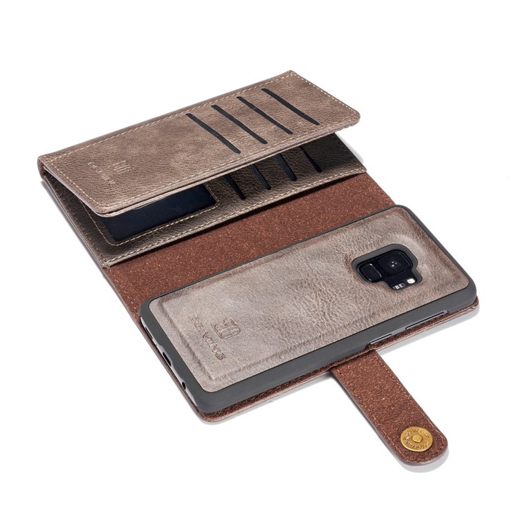 DG.MING Split Leather Multi-slot Tri-fold Wallet Phone Shell for Samsung Galaxy S9 G960 - Coffee-10