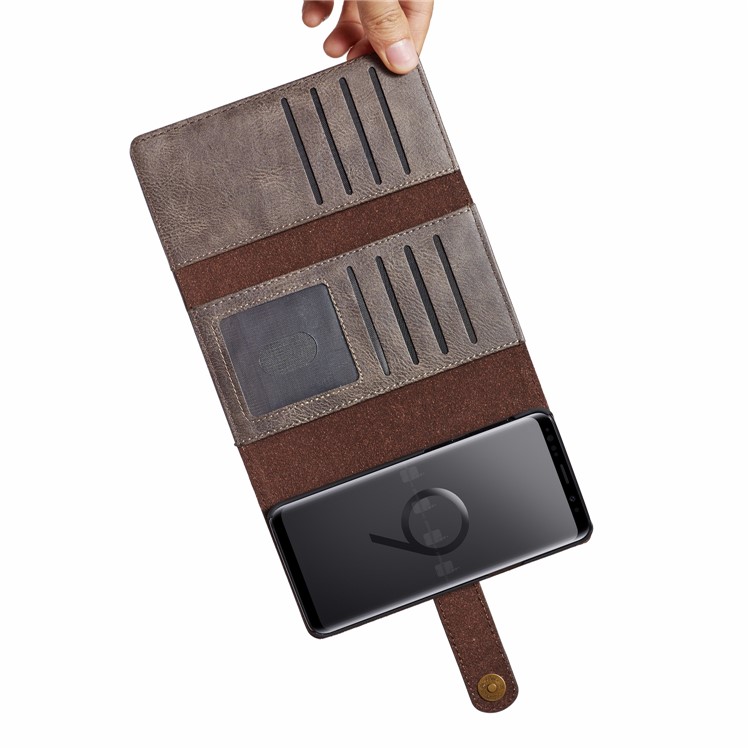 DG.MING Split Leather Multi-slot Tri-fold Wallet Phone Shell for Samsung Galaxy S9 G960 - Coffee-11