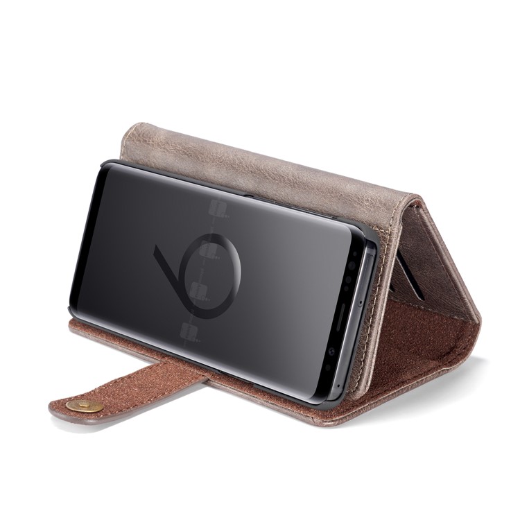 DG.MING Split Leather Multi-slot Tri-fold Wallet Phone Shell for Samsung Galaxy S9 G960 - Coffee-5