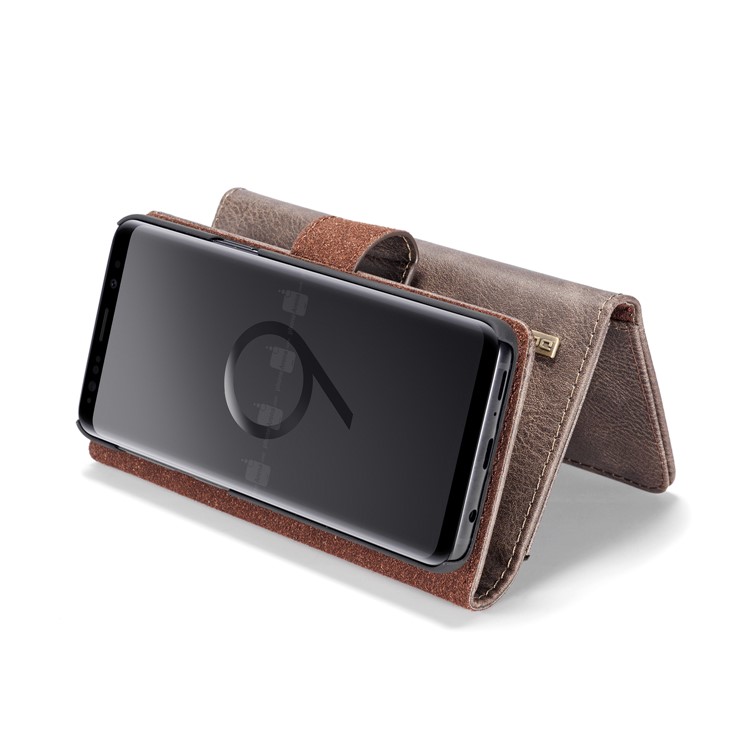 DG.MING Split Leather Multi-slot Tri-fold Wallet Phone Shell for Samsung Galaxy S9 G960 - Coffee-6