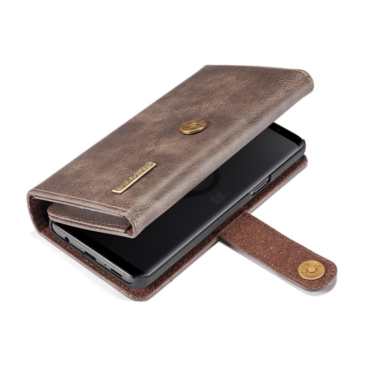 DG.MING Split Leather Multi-slot Tri-fold Wallet Phone Shell for Samsung Galaxy S9 G960 - Coffee-7