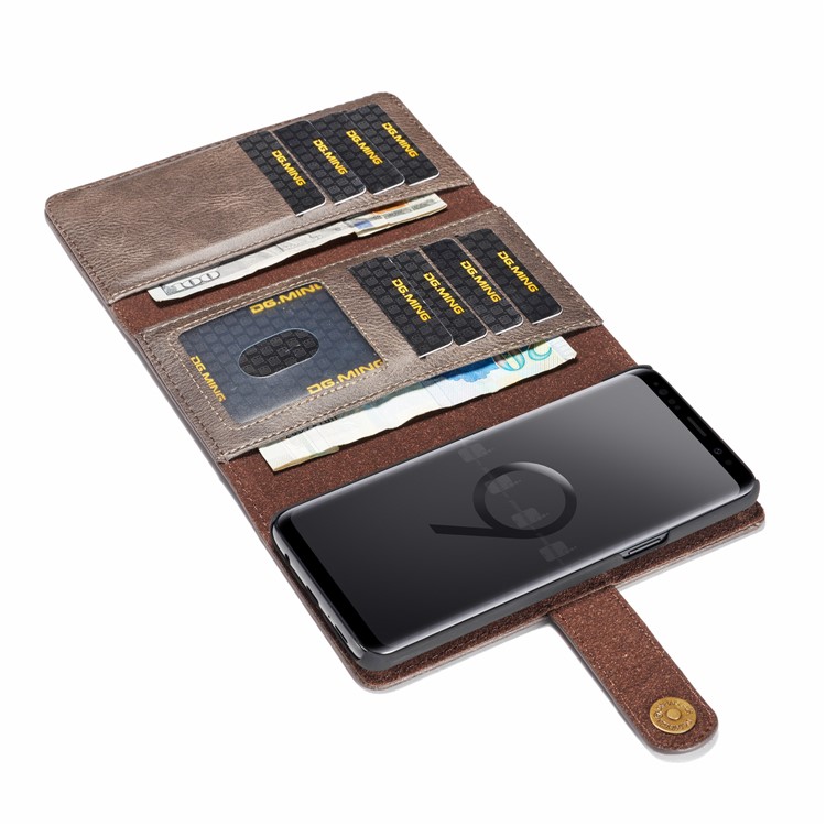 DG.MING Split Leather Multi-slot Tri-fold Wallet Phone Shell for Samsung Galaxy S9 G960 - Coffee-8