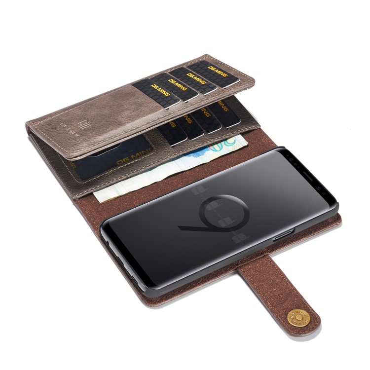 DG.MING Split Leather Multi-slot Tri-fold Wallet Phone Shell for Samsung Galaxy S9 G960 - Coffee-9