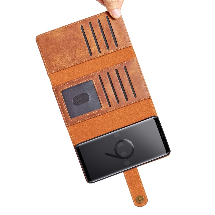 DG.MING Split Leather Multi-slot Purse Tri-fold Wallet Cellphone Protection Case for Samsung Galaxy S9 G960 - Brown-11