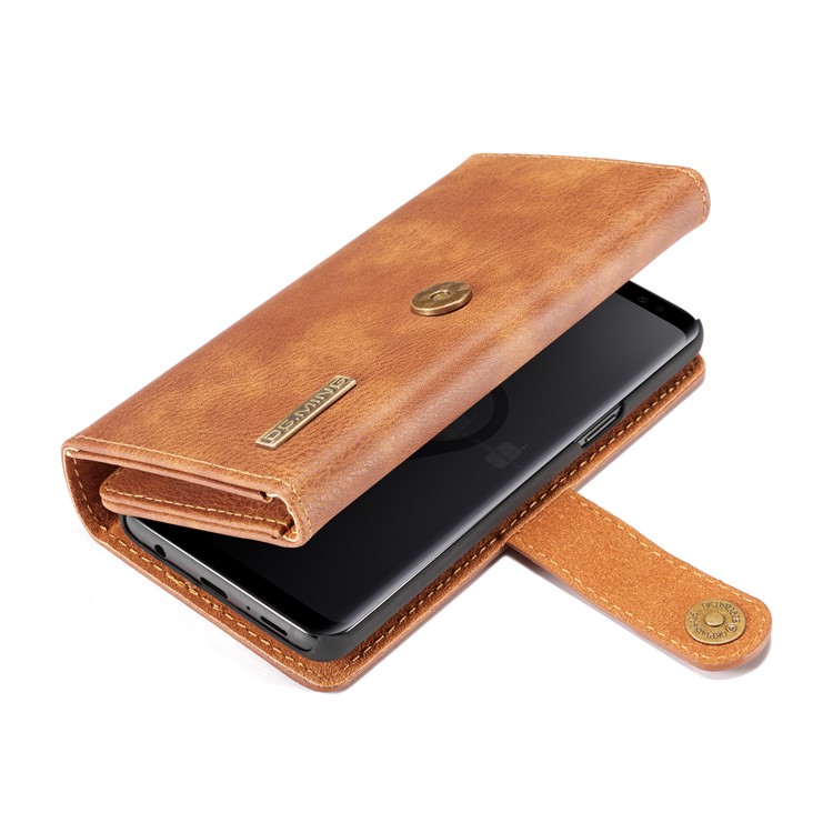 DG.MING Split Leather Multi-slot Purse Tri-fold Wallet Cellphone Protection Case for Samsung Galaxy S9 G960 - Brown-7