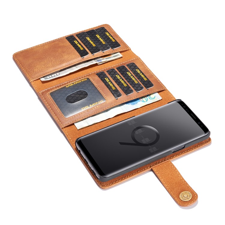 DG.MING Split Leather Multi-slot Purse Tri-fold Wallet Cellphone Protection Case for Samsung Galaxy S9 G960 - Brown-8