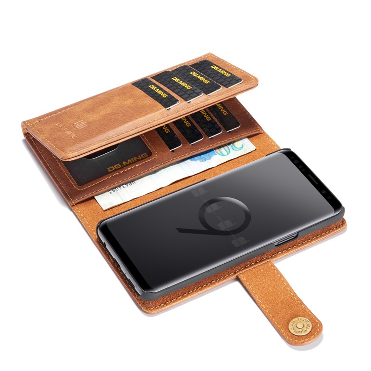 DG.MING Split Leather Multi-slot Purse Tri-fold Wallet Cellphone Protection Case for Samsung Galaxy S9 G960 - Brown-9
