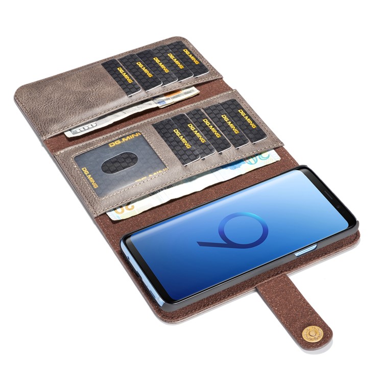 DG.MING Split Leather Multi-slot Purse Protection Multi-slot Purse Tri-fold Cover for Samsung Galaxy S9 Plus G965 - Coffee-8