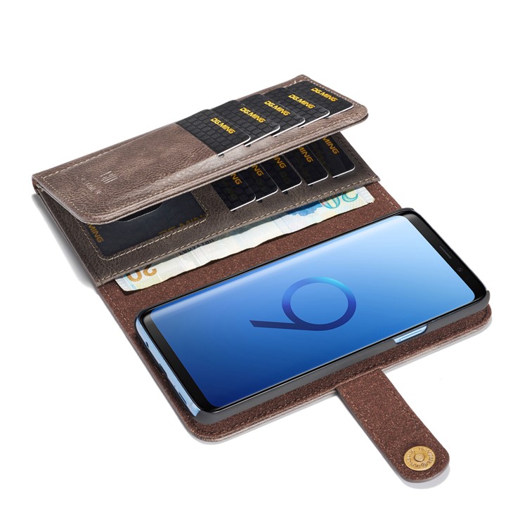 DG.MING Split Leather Multi-slot Purse Protection Multi-slot Purse Tri-fold Cover for Samsung Galaxy S9 Plus G965 - Coffee-9