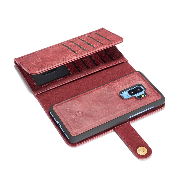 DG.MING Split Leather Multi-slot Purse Wallet Mobile Phone Tri-fold Casing for Samsung Galaxy S9+ G965 - Red-10