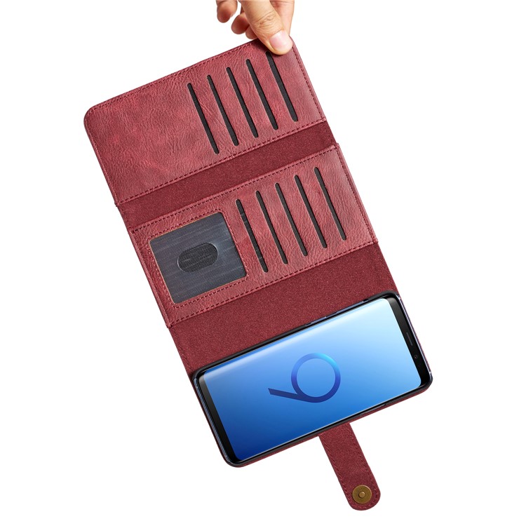 DG.MING Split Leather Multi-slot Purse Wallet Mobile Phone Tri-fold Casing for Samsung Galaxy S9+ G965 - Red-11