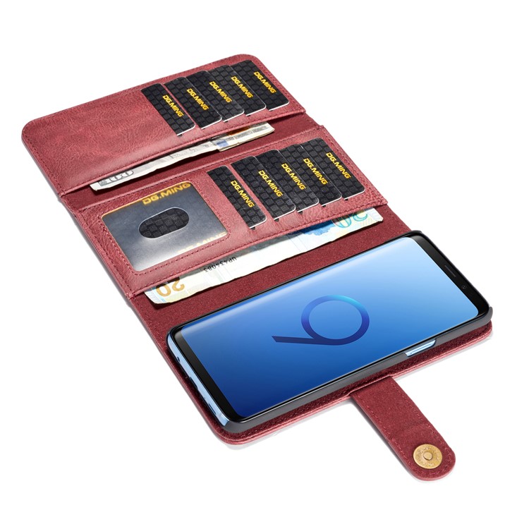 DG.MING Split Leather Multi-slot Purse Wallet Mobile Phone Tri-fold Casing for Samsung Galaxy S9+ G965 - Red-8