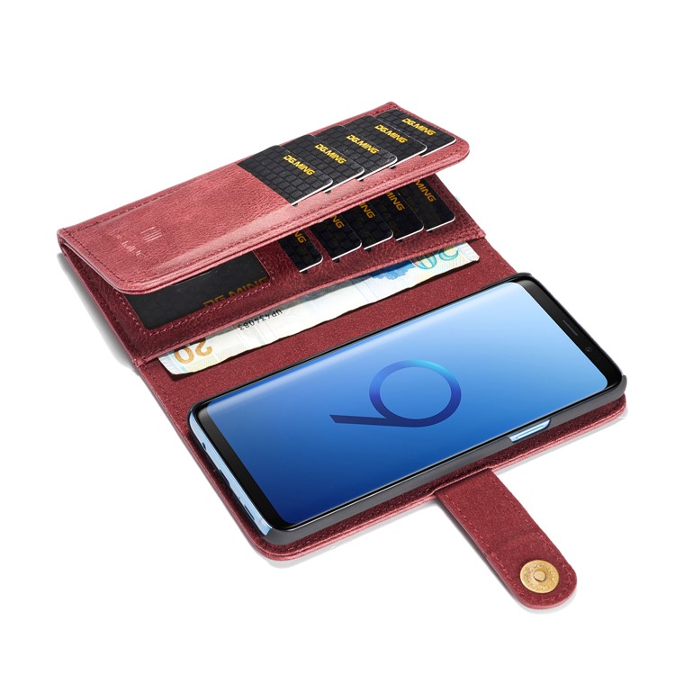 DG.MING Split Leather Multi-slot Purse Wallet Mobile Phone Tri-fold Casing for Samsung Galaxy S9+ G965 - Red-9