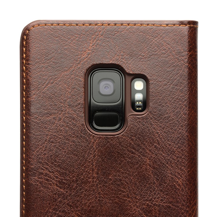QIALINO Classic Style Genuine Leather Card Holder Mobile Phone Cover Shell for Samsung Galaxy S9 SM-G960 - Brown-5