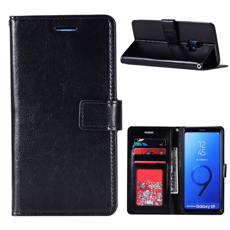 

Crazy Horse Magnetic Stand Wallet Leather Phone Case for Samsung Galaxy S9 SM-G960 - Black