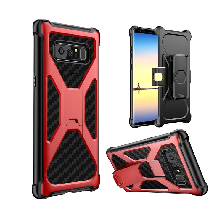 

Heavy Duty Kickstand Belt Clip Carbon Fiber Texture PC + TPU Hybrid Cover for Samsung Galaxy Note 8 SM-N950 - Red