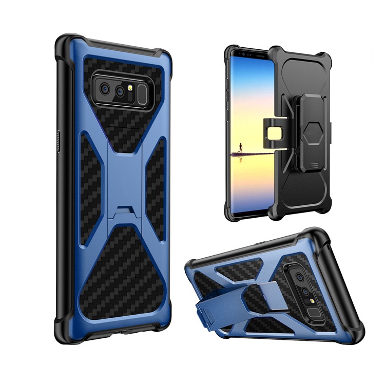 

Heavy Duty Kickstand Belt Clip Carbon Fiber Texture PC + TPU Combo Case for Samsung Galaxy Note 8 SM-N950 - Blue
