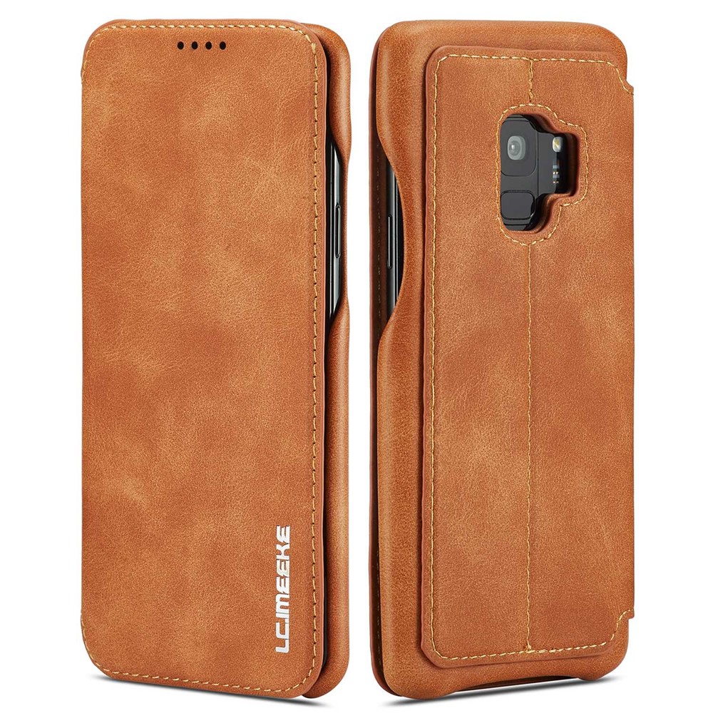 Lc. Imeeke Para Samsung Galaxy S9 G960 Retro Estilo de Catador de Cato de Estilo Retro Stan Stand Topelo Cela Chell - Castanho