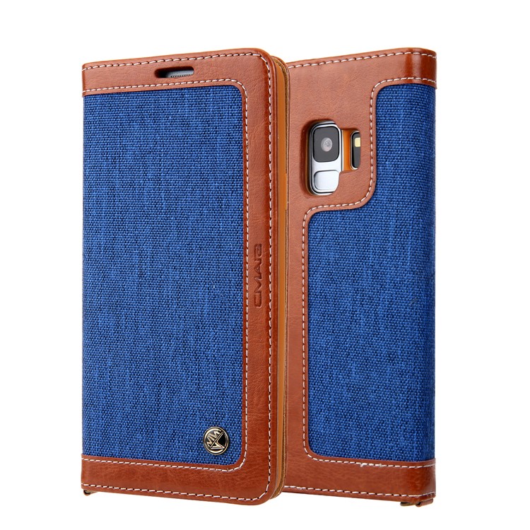 

CMAI2 Jeans Cloth Leather Stand Phone Casing with Hand Strap for Samsung Galaxy S9 SM-G960 - Dark Blue / Brown