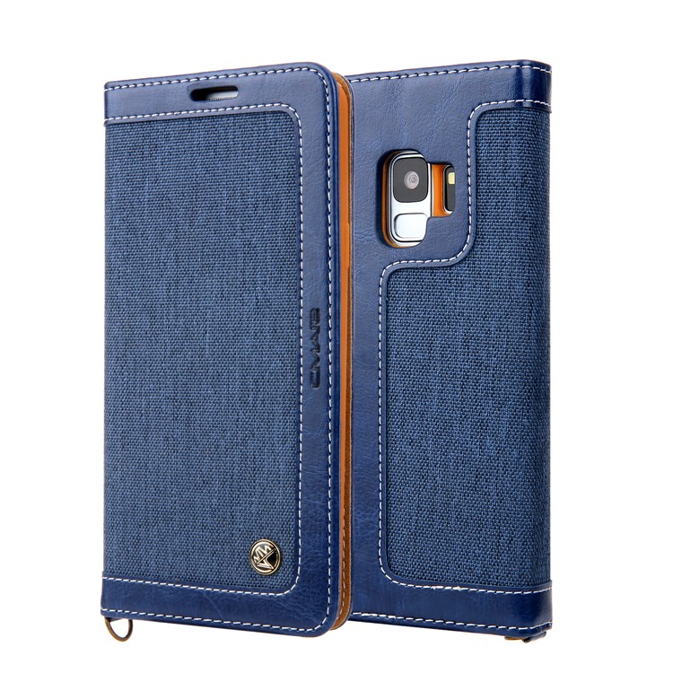 

CMAI2 Jeans Cloth Leather Wallet Mobile Cover with Hand Strap for Samsung Galaxy S9 SM-G960 - Black Blue
