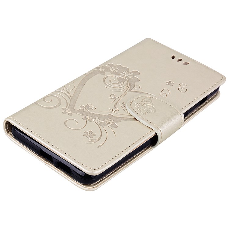 Imprint Heart Flower Wallet Leather Stand Phone Casing for Samsung Galaxy A8 (2018) - Gold-3