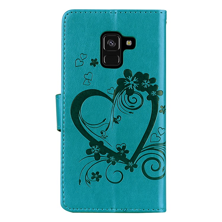 Imprint Heart Flower Wallet Leather Stand Mobile Phone Case for Samsung Galaxy A8 (2018) - Blue-2