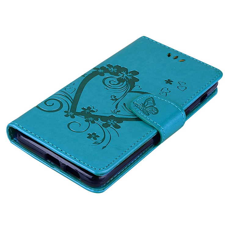 Imprint Heart Flower Wallet Leather Stand Mobile Phone Case for Samsung Galaxy A8 (2018) - Blue-3