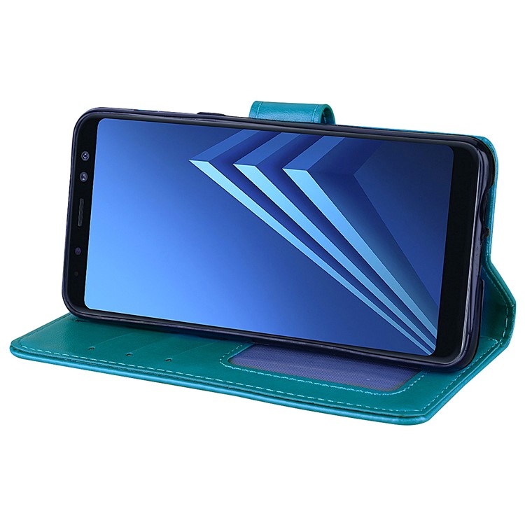 Imprint Heart Flower Wallet Leather Stand Mobile Phone Case for Samsung Galaxy A8 (2018) - Blue-4
