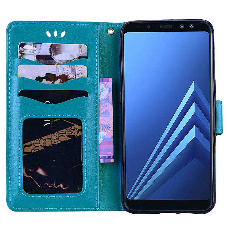 Imprint Heart Flower Wallet Leather Stand Mobile Phone Case for Samsung Galaxy A8 (2018) - Blue-5