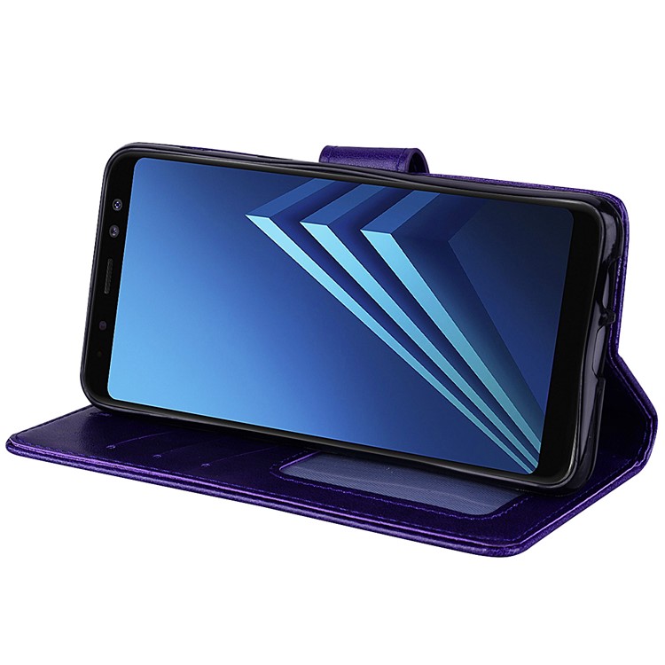 Imprint Heart Flower Wallet Leather Stand Cell Phone Case for Samsung Galaxy A8 (2018) - Purple-4