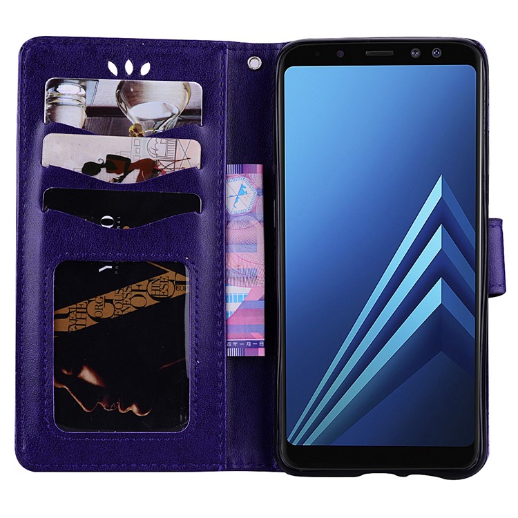 Imprint Heart Flower Wallet Leather Stand Cell Phone Case for Samsung Galaxy A8 (2018) - Purple-5