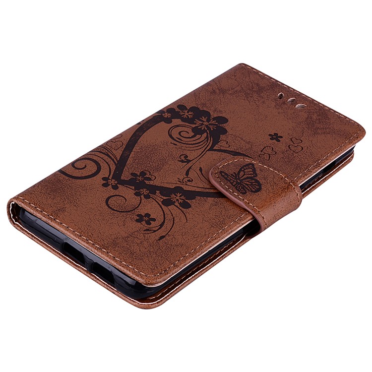 Imprint Heart Flower Wallet Leather Stand Protective Case for Samsung Galaxy A8 (2018) - Brown-3