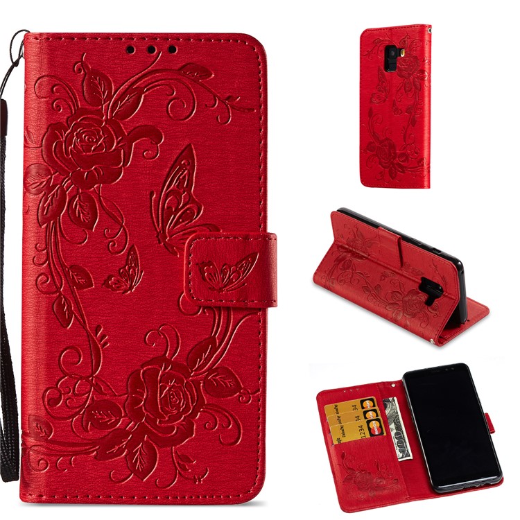 Imprinted Butterfly Flowers Leather Wallet Stand Protection Cover Case for Samsung Galaxy A8 (2018) - Red-1