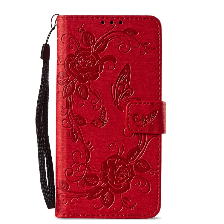 Imprinted Butterfly Flowers Leather Wallet Stand Protection Cover Case for Samsung Galaxy A8 (2018) - Red-2
