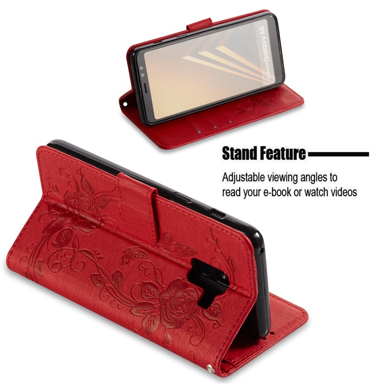 Imprinted Butterfly Flowers Leather Wallet Stand Protection Cover Case for Samsung Galaxy A8 (2018) - Red-3