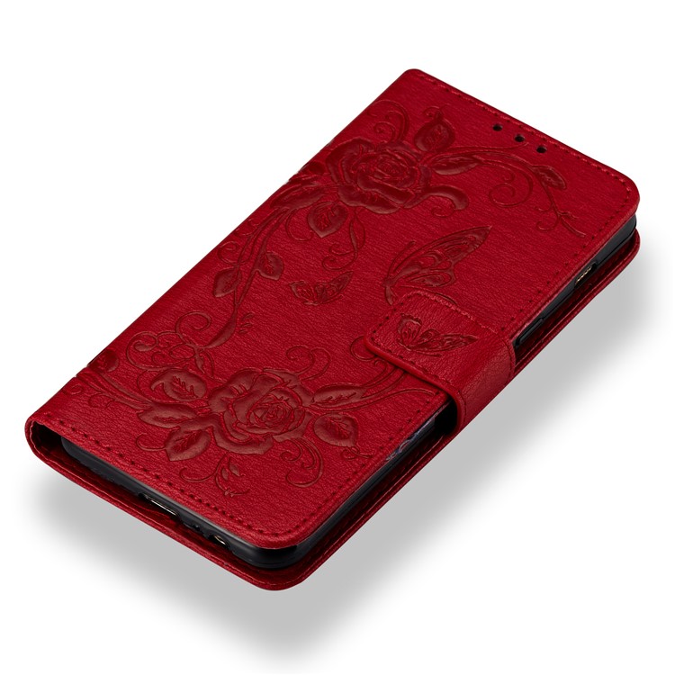 Imprinted Butterfly Flowers Leather Wallet Stand Protection Cover Case for Samsung Galaxy A8 (2018) - Red-4