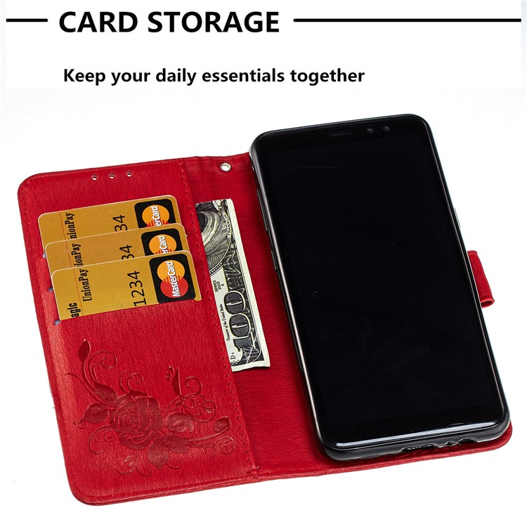 Imprinted Butterfly Flowers Leather Wallet Stand Protection Cover Case for Samsung Galaxy A8 (2018) - Red-5