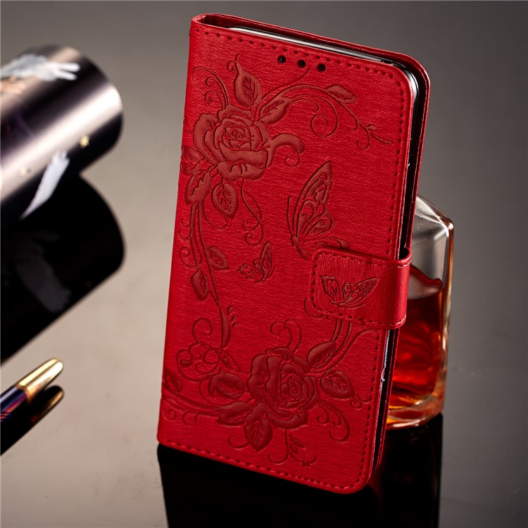 Imprinted Butterfly Flowers Leather Wallet Stand Protection Cover Case for Samsung Galaxy A8 (2018) - Red-7