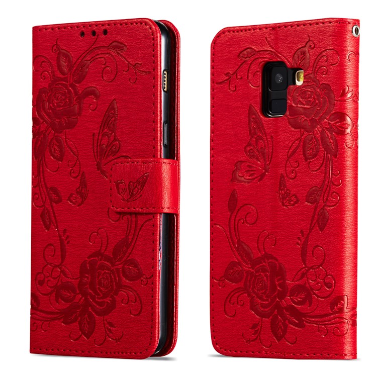 Imprinted Butterfly Flowers Leather Wallet Stand Protection Cover Case for Samsung Galaxy A8 (2018) - Red-8