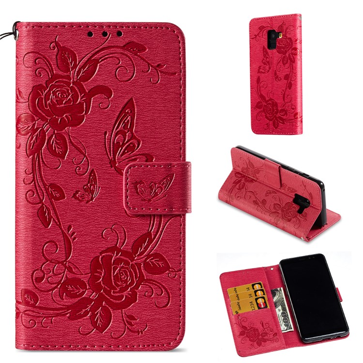 Imprinted Butterfly Flowers Leather Wallet Mobile Case with Stand for Samsung Galaxy A8 (2018) - Rose-1