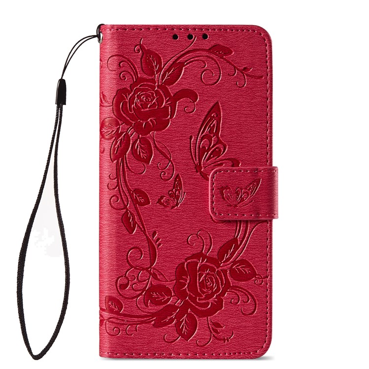 Imprinted Butterfly Flowers Leather Wallet Mobile Case with Stand for Samsung Galaxy A8 (2018) - Rose-2